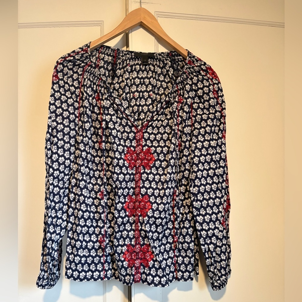 J. Crew Navy & Red Embroidered Cotton Peasant Blouse